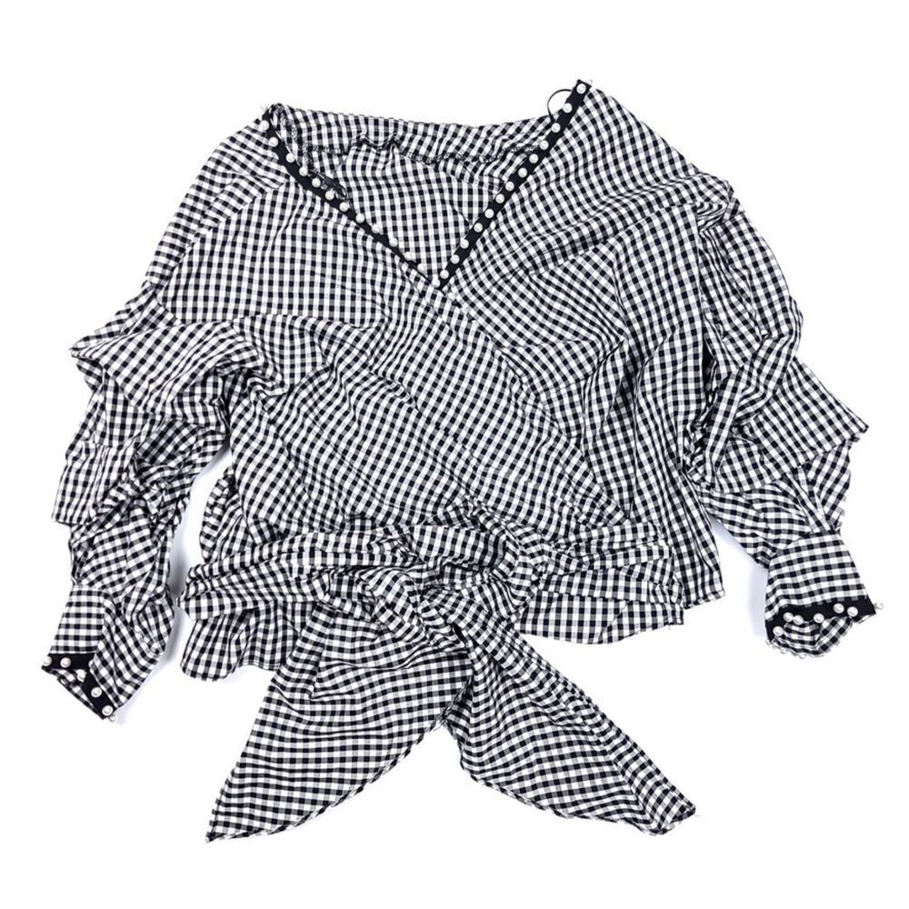 ZARA Pearl Ruched Reversible Wrap Top Black White Gingham French Girl Preppy